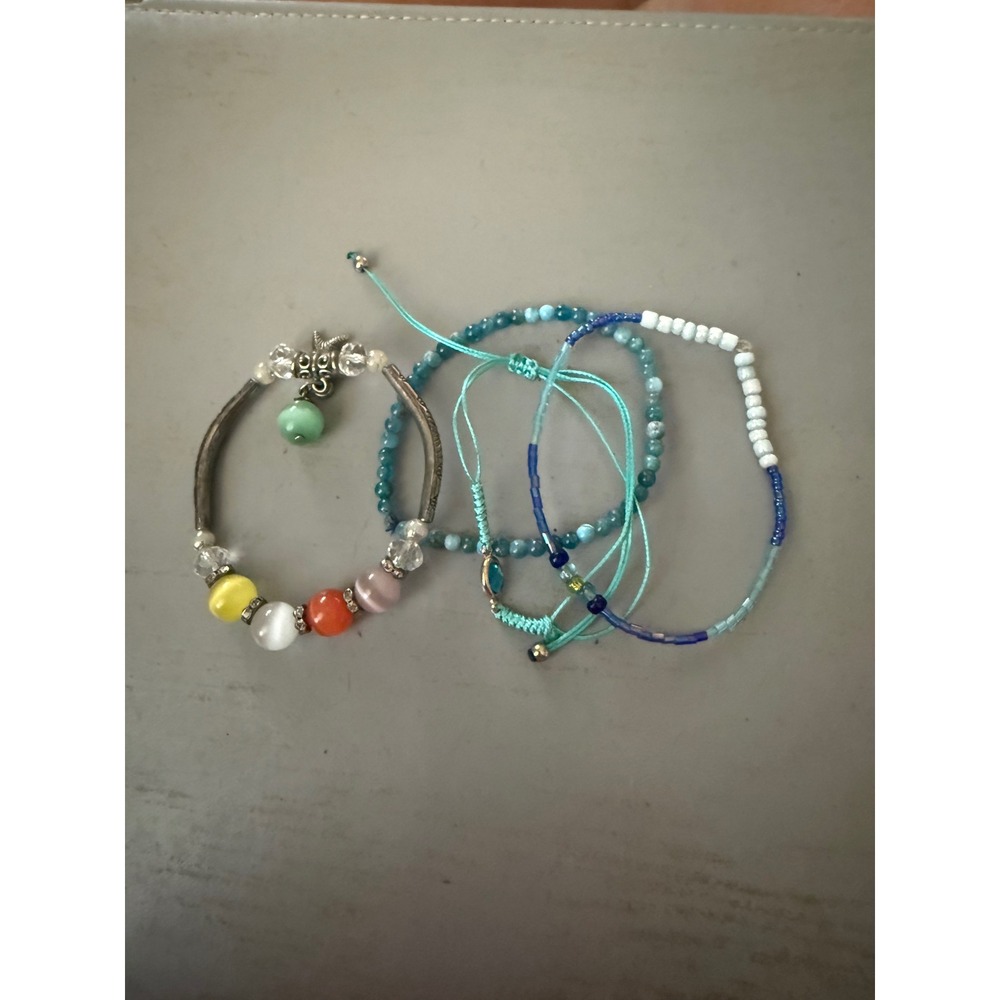 Boho Beaded Bracelet Set 4pc Blue Multicolor Cats Eye Seed Bead Stackable Women